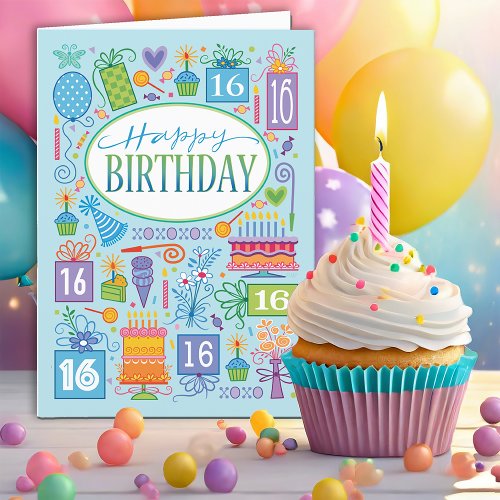 16th Birthday  Blue Cake Balloon Card