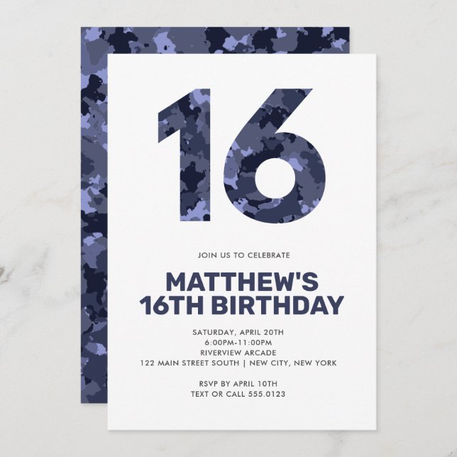 16TH Birthday, Blue Camo Personalized Teen Invitation (Front/Back)