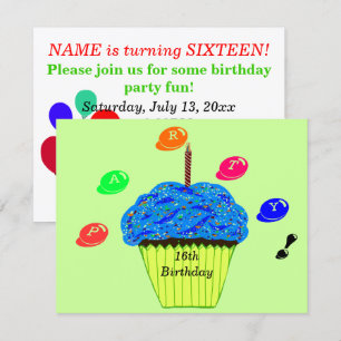 16th Birthday Blue Cupcake Candy Bits Invitation