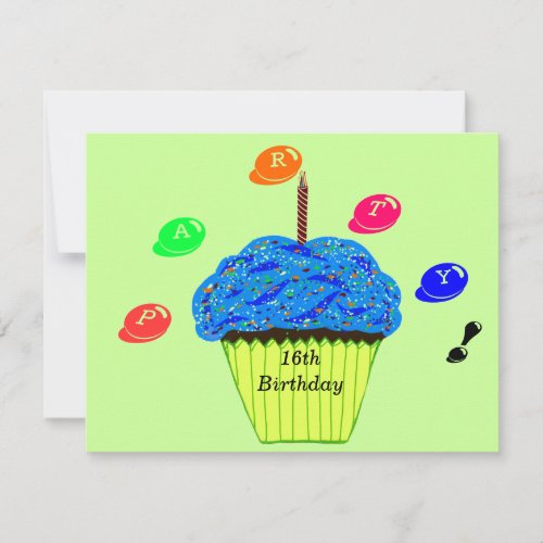 16th Birthday Blue Cupcake Candy Bits Invitation