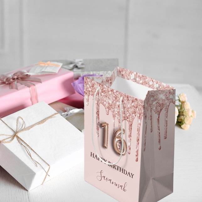 16th birthday blush pink glitter drips rose gold medium gift bag (Creator Uploaded)