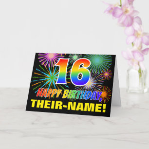 16th Birthday: Bold, Fun, Fireworks, Rainbow 16 Card
