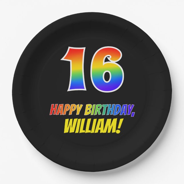 16th Birthday: Bold, Fun, Simple, Rainbow 16 Paper Plates (Front)