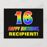 [ Thumbnail: 16th Birthday: Bold, Fun, Simple, Rainbow 16 Postcard ]