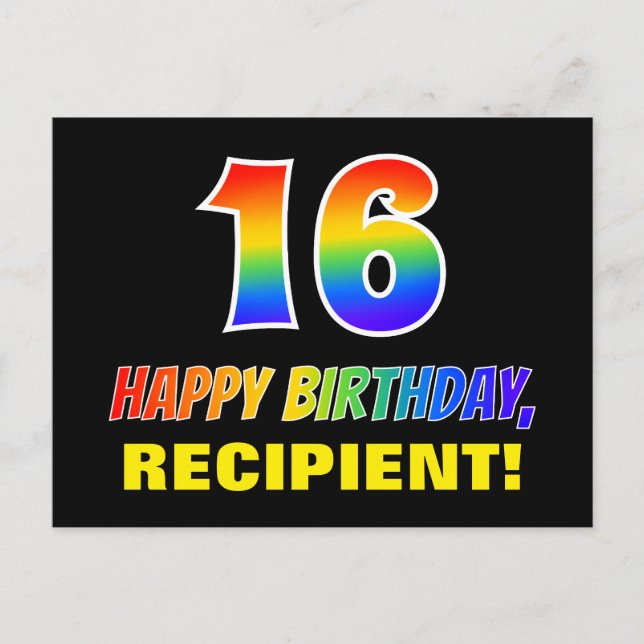 16th Birthday: Bold, Fun, Simple, Rainbow 16 Postcard (Front)