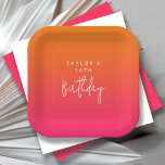 16th Birthday Bright Hot Pink and Orange Colorful Paper Plates<br><div class="desc">Celebrating a 16th birthday in a bold and beautiful way with this colorful party plate. The modern minimalist layout pairs a richly saturated ombre gradient background in hot pink and orange. Contrasting white text in a handwritten script spells out the word “Birthday” in chic style. All of the text may...</div>