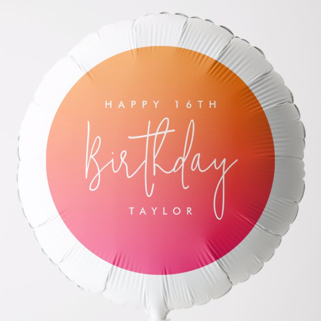 16th Birthday Bright Hot Pink Orange Colorful  Balloon (Front)