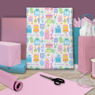 16th Birthday Bright Pastel Cake Presents Balloons Wrapping Paper Sheets