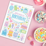 16th Birthday Bright Pastel Icons On Blue Card<br><div class="desc">Cakes,  presents,  balloon,  flowers,  and party hats fill a bright pastel feminine birthday card for a 16th Birthday full of treats for every celebration.</div>