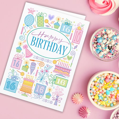 16th Birthday Bright Pastel Icons On Blue Card