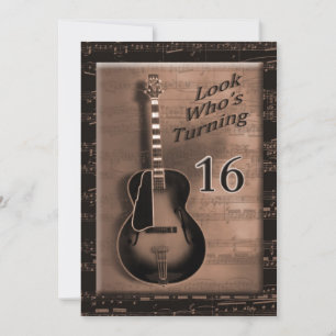 16TH Birthday - Brown Guitar Invitation, Music Invitation
