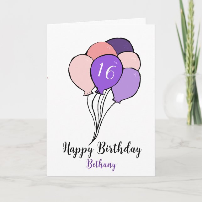16th birthday bunch of pink & purple balloons card (Front)
