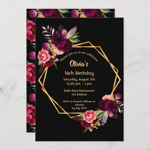 16th birthday burgundy floral gold geometric black invitation