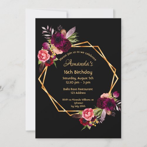 16th birthday burgundy floral gold geometric black invitation