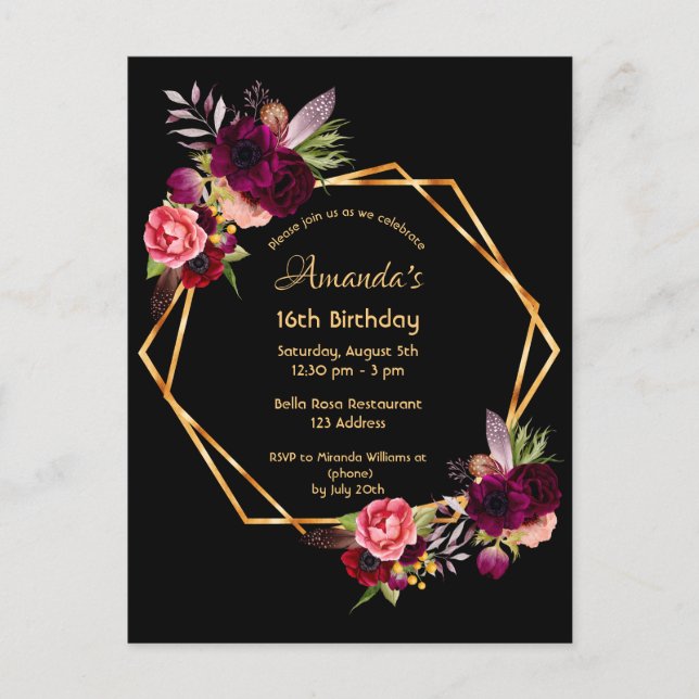 16th birthday burgundy floral gold geometric black postcard (Front)