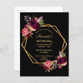 16th birthday burgundy floral gold geometric black postcard (Front/Back)