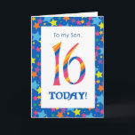 16th Birthday Card for Son, Stripes and Stars<br><div class="desc">A bright and colorful 16th Birthday Card for a Son,  with striped numbers and a starry border,  from a digital design by Judy Adamson. You can change the inside message if you wish.</div>