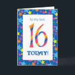 16th Birthday Card for Son, Stripes and Stars<br><div class="desc">A bright and colorful 16th Birthday Card for a Son,  with striped numbers and a starry border,  from a digital design by Judy Adamson. You can change the inside message if you wish.</div>