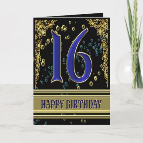 16th birthday card with gold and bubbles
