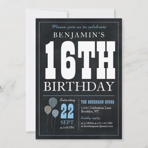 16th Birthday Chalkboard Blue Balloon Rustic Chic