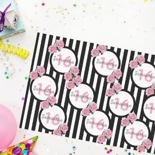 16th birthday chic pink roses black white stripes tissue paper