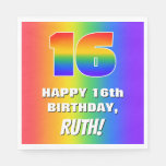 [ Thumbnail: 16th Birthday: Colorful, Fun Rainbow Pattern # 16 Napkins ]