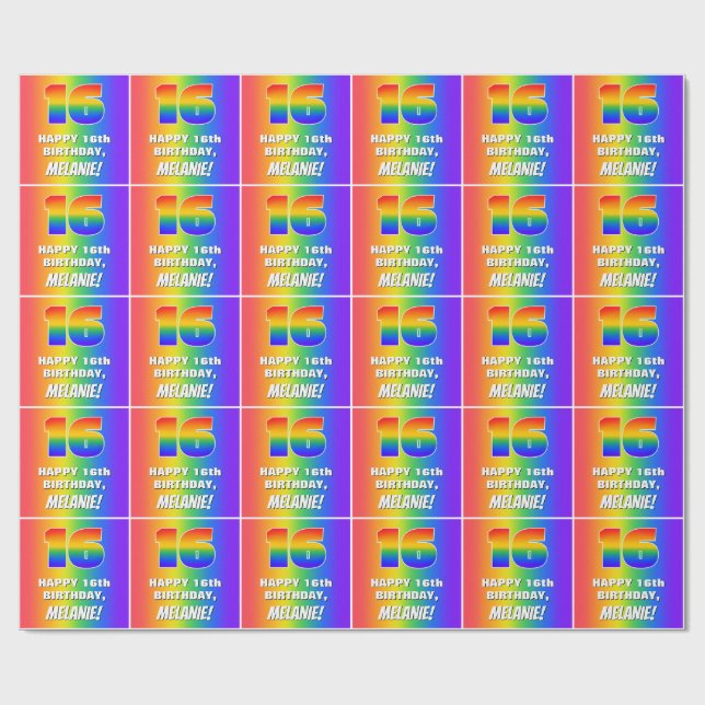 16th Birthday: Colorful, Fun Rainbow Pattern # 16 Wrapping Paper (Flat)