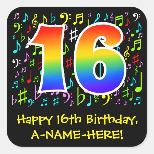 16th Birthday Colorful Music Symbols Rainbow 16 Square Sticker