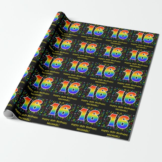 16th Birthday: Colorful Music Symbols, Rainbow 16 Wrapping Paper (Unrolled)