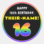 [ Thumbnail: 16th Birthday: Colorful Rainbow # 16, Custom Name Round Sticker ]