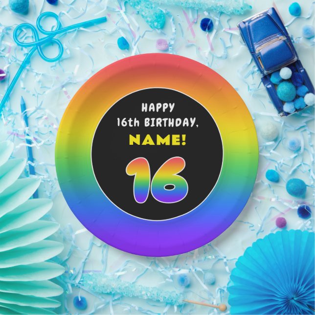 16th Birthday: Colorful Rainbow # 16, Custom Name Paper Plates (Party)