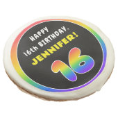 16th Birthday: Colorful Rainbow # 16, Custom Name Sugar Cookie (Angled)