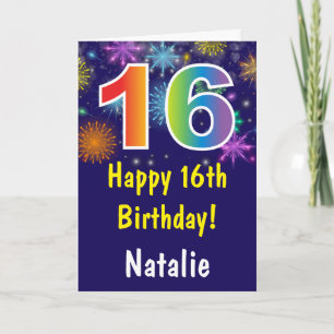 16th Birthday Colorful Rainbow Fireworks Navy Blue Card
