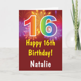 16th Birthday Colorful Rainbow Fireworks Red Card
