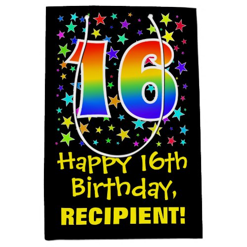 16th Birthday Colorful Stars Pattern  Rainbow 16 Medium Gift Bag