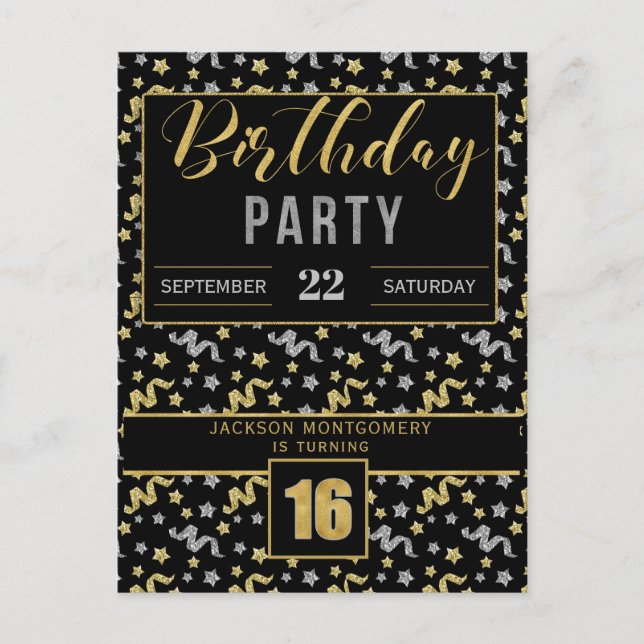 16th Birthday Confetti in Black and Gold Invitation Postcard (Front)