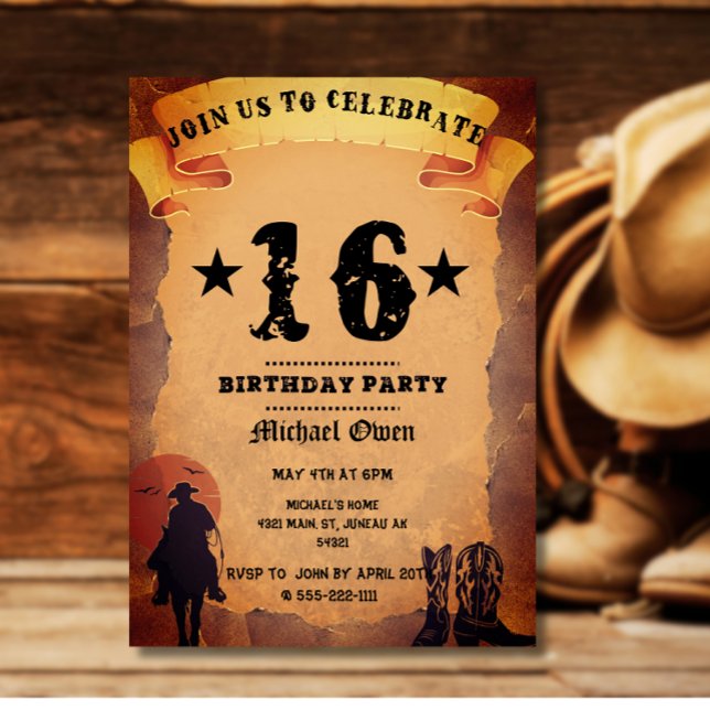 16th birthday cowboy old paper horse riding party invitation (Creator Uploaded)