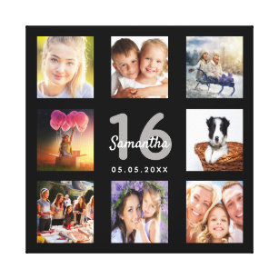 16th birthday custom photo collage black monogram canvas print