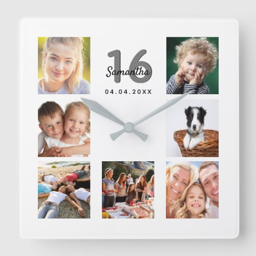 16th birthday custom photo collage friends square wall clock