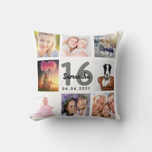 16th birthday custom photo collage girl white throw pillow