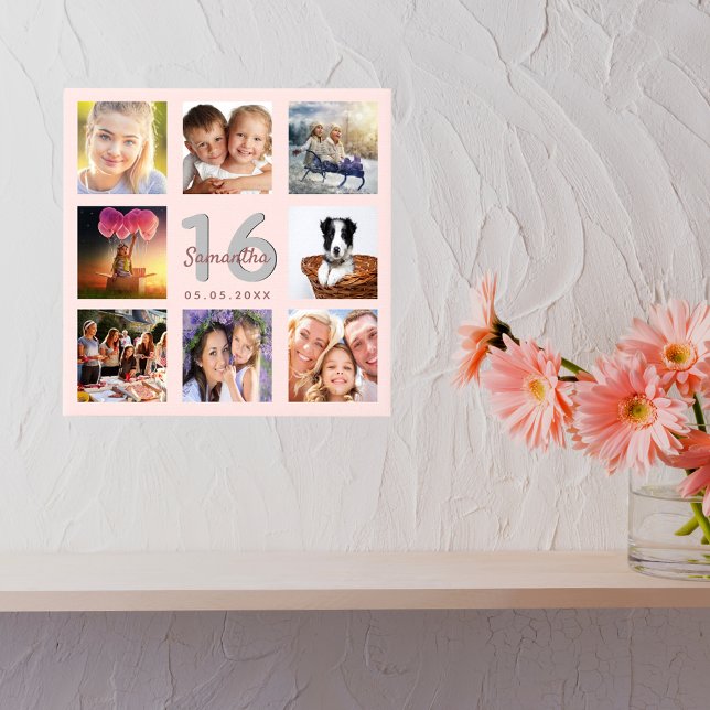 16th birthday custom photo collage rose gold name faux canvas print (Creator Uploaded)