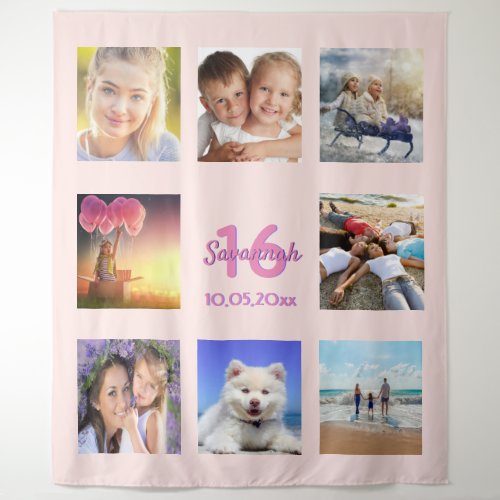 16th birthday custom photo collage rose gold pink tapestry