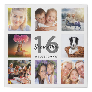 16th birthday custom photo collage white monogram faux canvas print