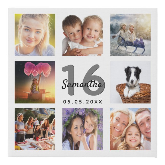 16th birthday custom photo collage white monogram faux canvas print (Front)