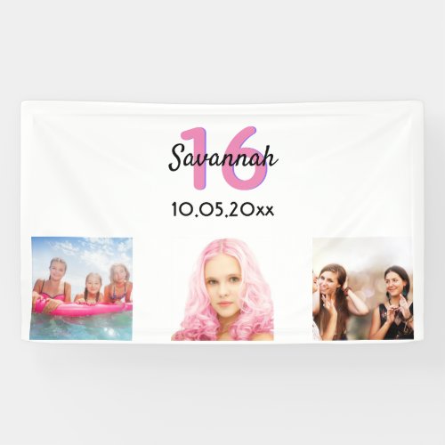 16th birthday custom photo pink monogram girl banner