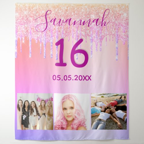 16th birthday custom photo rose gold pink glitter tapestry