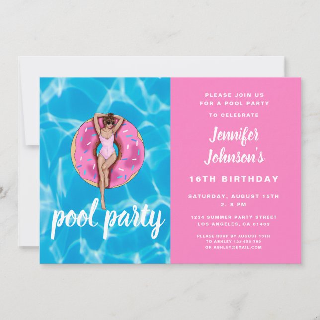 16th Birthday Cute Pink Donut Summer Pool Party Invitation (Front)