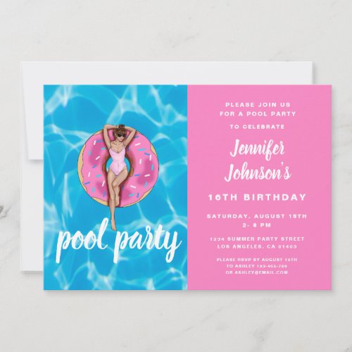 16th Birthday Cute Pink Donut Summer Pool Party Invitation