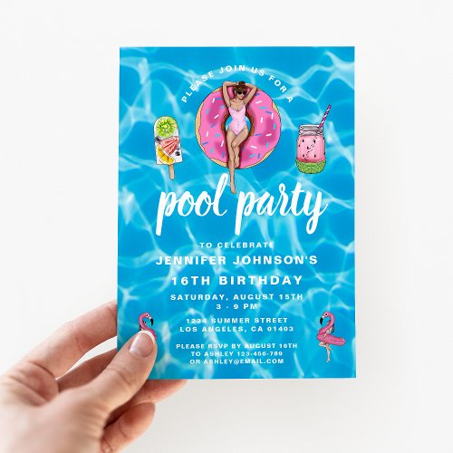  16th Birthday Cute Pink Summer Pool Party  Invitation