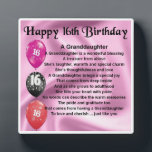 16th Birthday Design Granddaughter Poem Plaque<br><div class="desc">A great personalised gift for a granddaughter on her 16th birthday 

This item can be personalised or just purchased as it is</div>